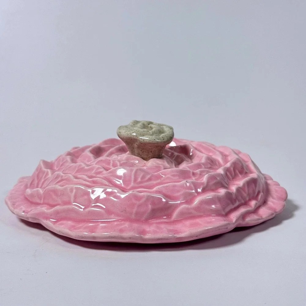 Vintage 1956 Miramar of California Pink Cabbage Leaf Covered Dish 644 Rosebud